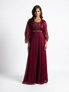 Burgaya Maroon Chiffon Pleated Beaded Gown