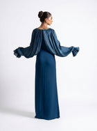 Zoe Turquoise Pleated Organza Voluminous Sleeve Crepe Gown