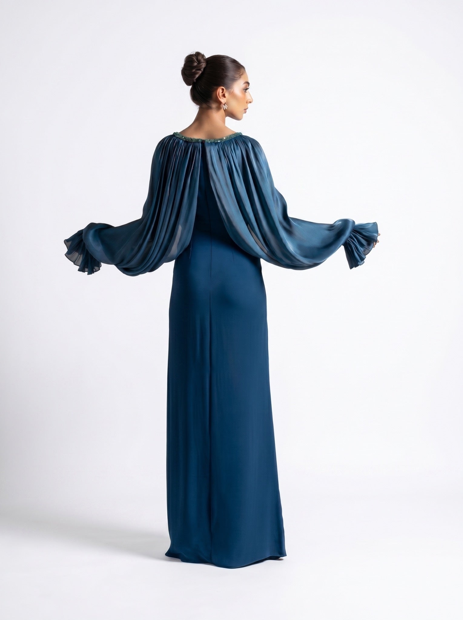 Zoe Turquoise Pleated Organza Voluminous Sleeve Crepe Gown