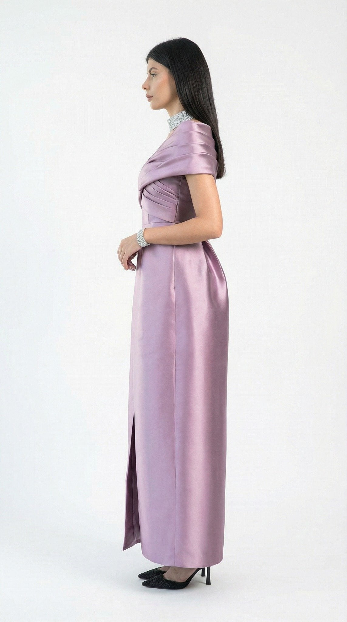 Nadia Lilac Satin Jumpsuit detail by MOOEi — Luxury Evening Wear Dubai