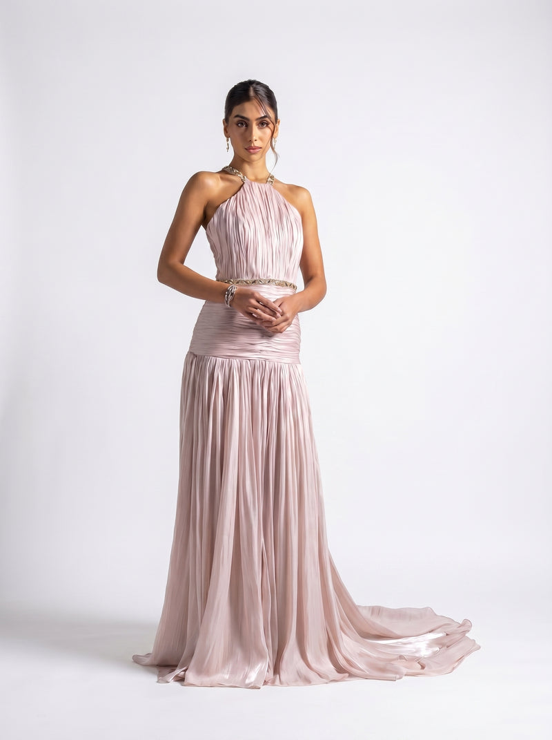 Avelisse Beige Pleated Beaded Halter Neck Couture Gown by MOOEi — Luxury Evening Wear Dubai