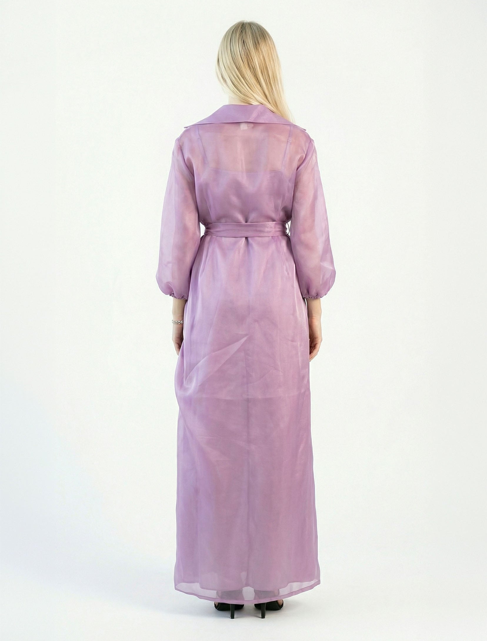 Oona Lavender Sheer Organza Belted Gown side view by MOOEi — Luxury Evening Wear Dubai