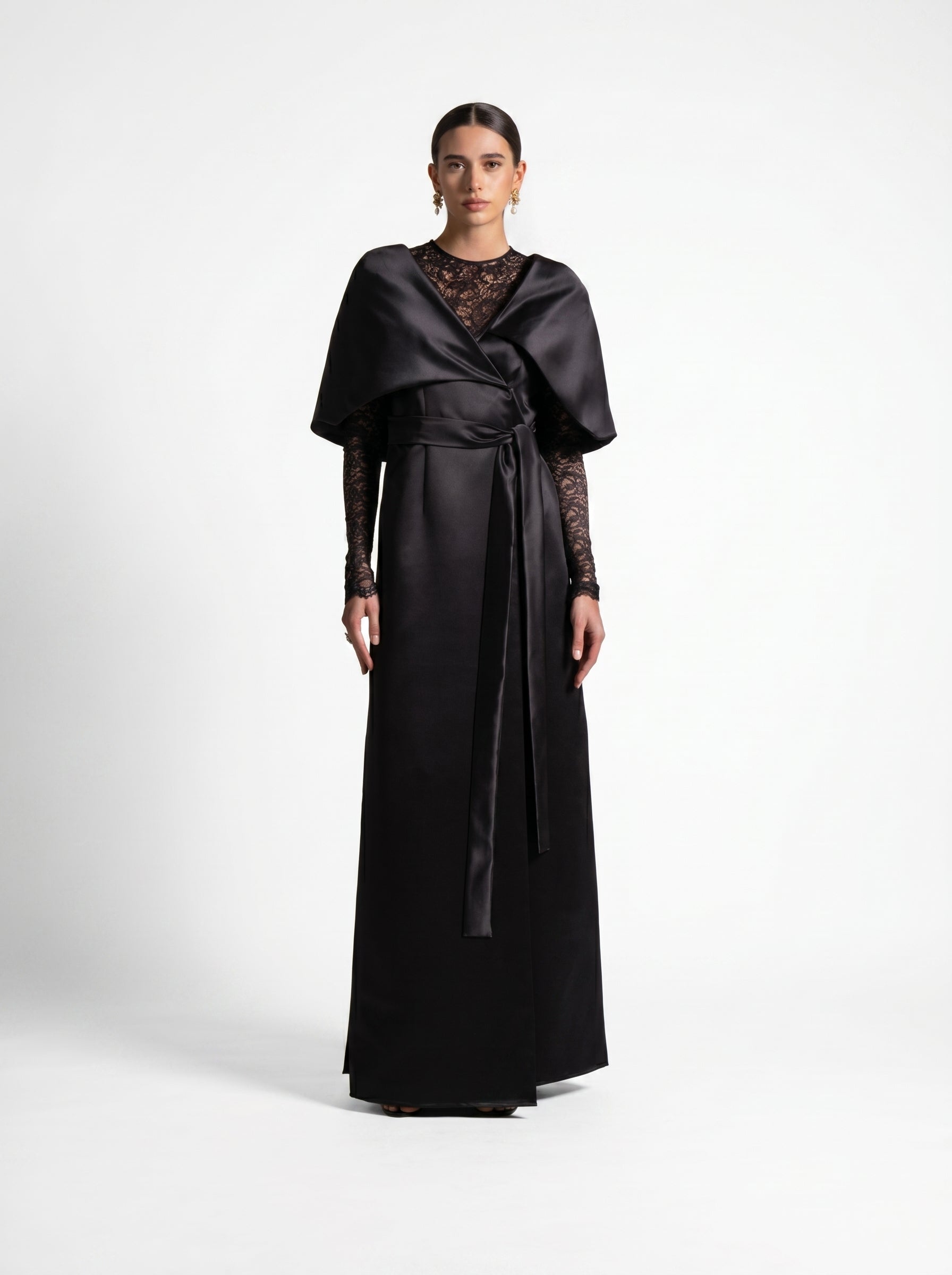Eterna Black Satin French Lace Wrap Gown