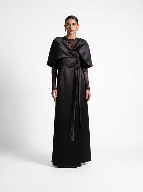 Eterna Black Satin French Lace Wrap Gown