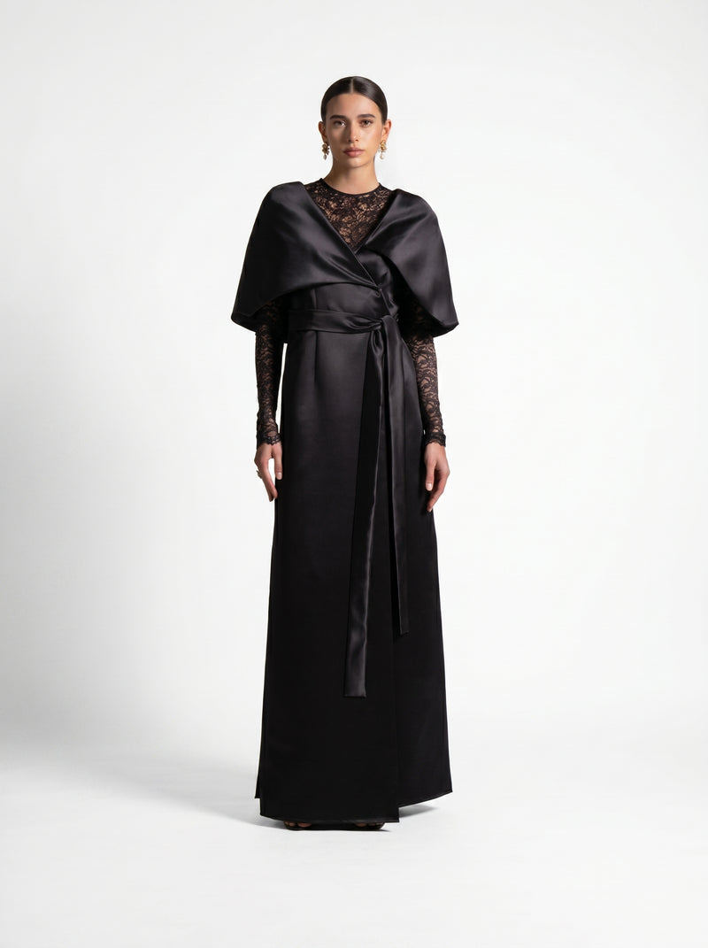 Eterna Black Satin French Lace Wrap Gown