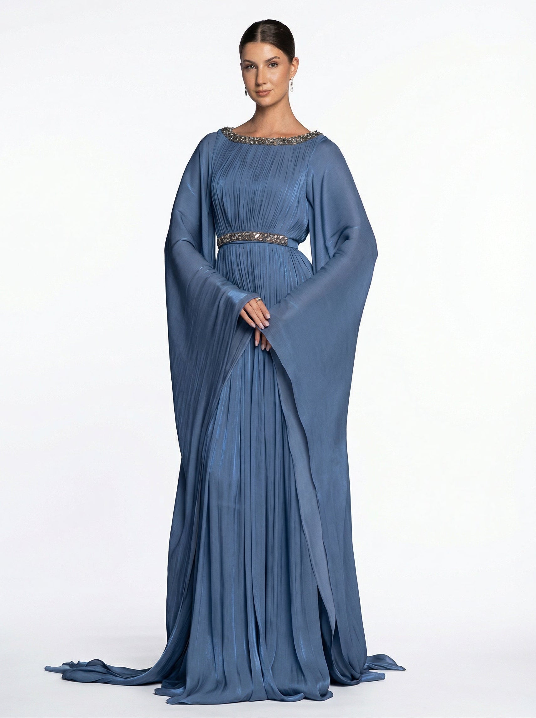 Bloom Muted Blue Chiffon Pleated Skirt Embellished Cape Sleeve Gown