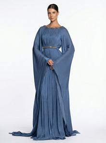 Bloom Muted Blue Chiffon Pleated Skirt Embellished Cape Sleeve Gown by MOOEi — Luxury Evening Wear Dubai