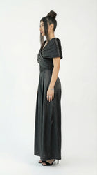 Nola Black Satin Statement Jumpsuit detail by MOOEi — Luxury Evening Wear Dubai