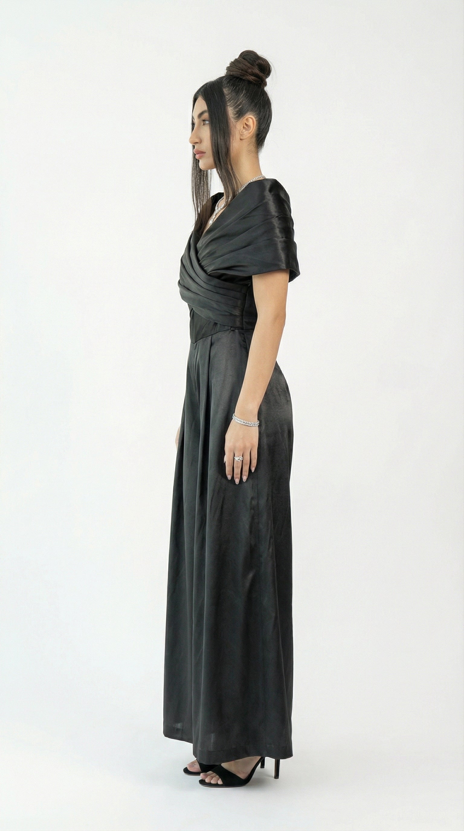 Nola Black Satin Statement Jumpsuit detail by MOOEi — Luxury Evening Wear Dubai