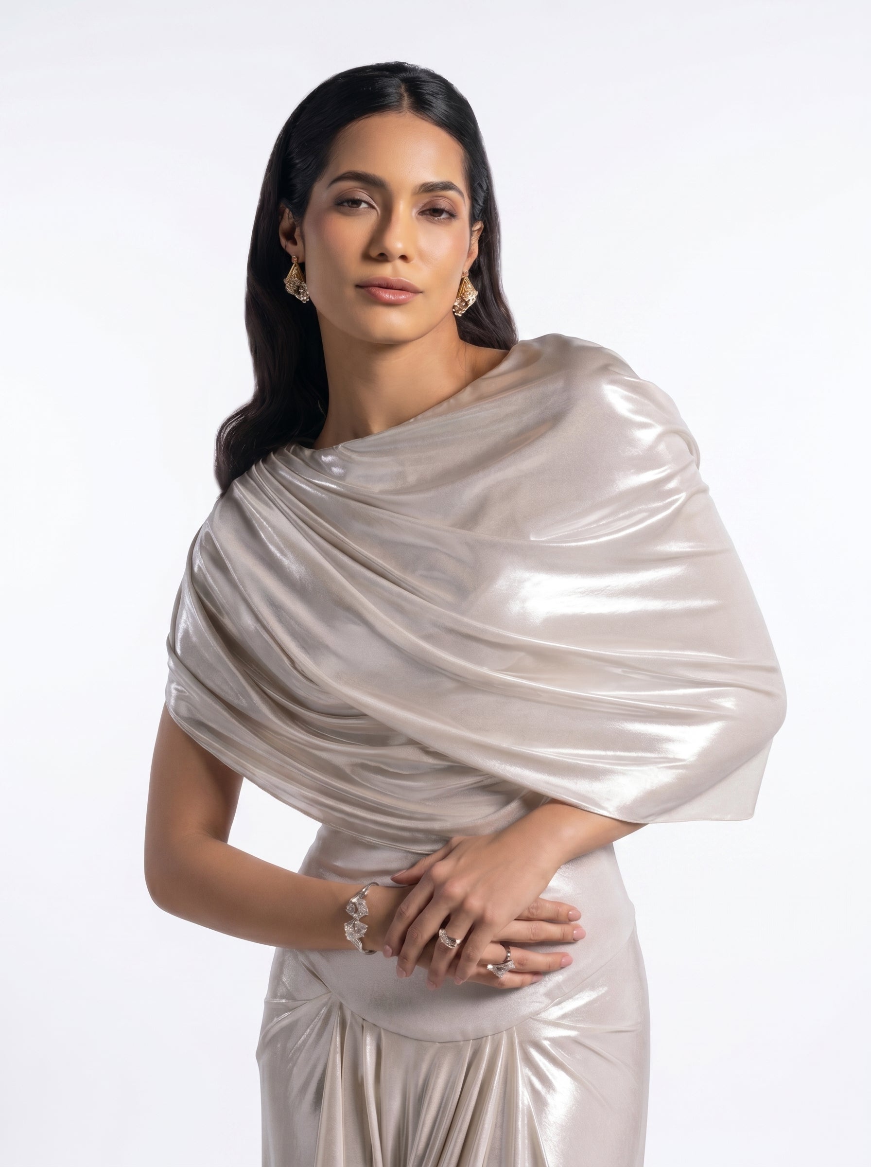Amalia Silver Gown Set fabric detail by MOOEi — Luxury Evening Wear Dubai