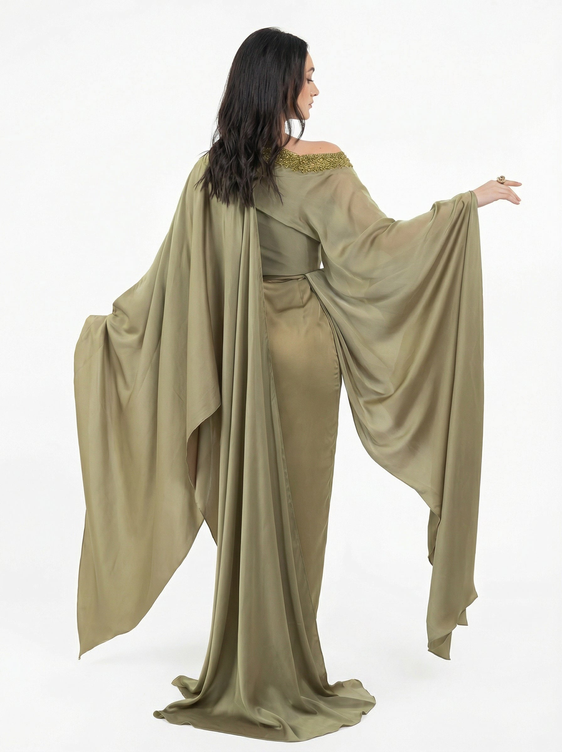 Baroque Dress - Timeless Elegance in Sage Green Chiffon | MOOEi Baroque Dress - Timeless Elegance in Sage Green Chiffon | MOOEi