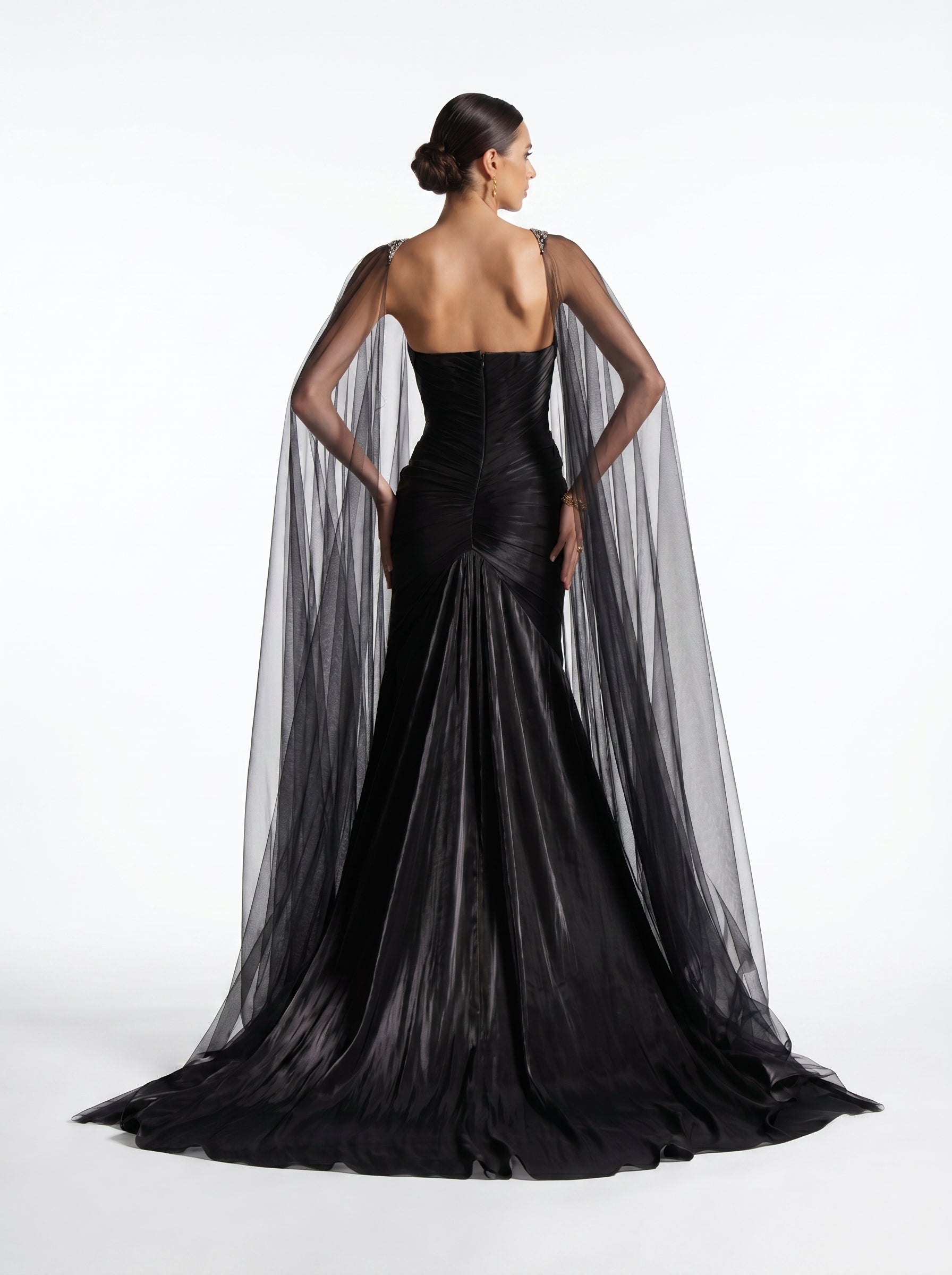 Neriah Black Embellished Tulle Cape Gown