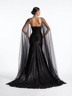 Neriah Black Sweetheart Embellished Sheer Tulle Cape Couture Gown