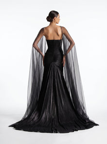 Neriah Black Sweetheart Embellished Sheer Tulle Cape Couture Gown