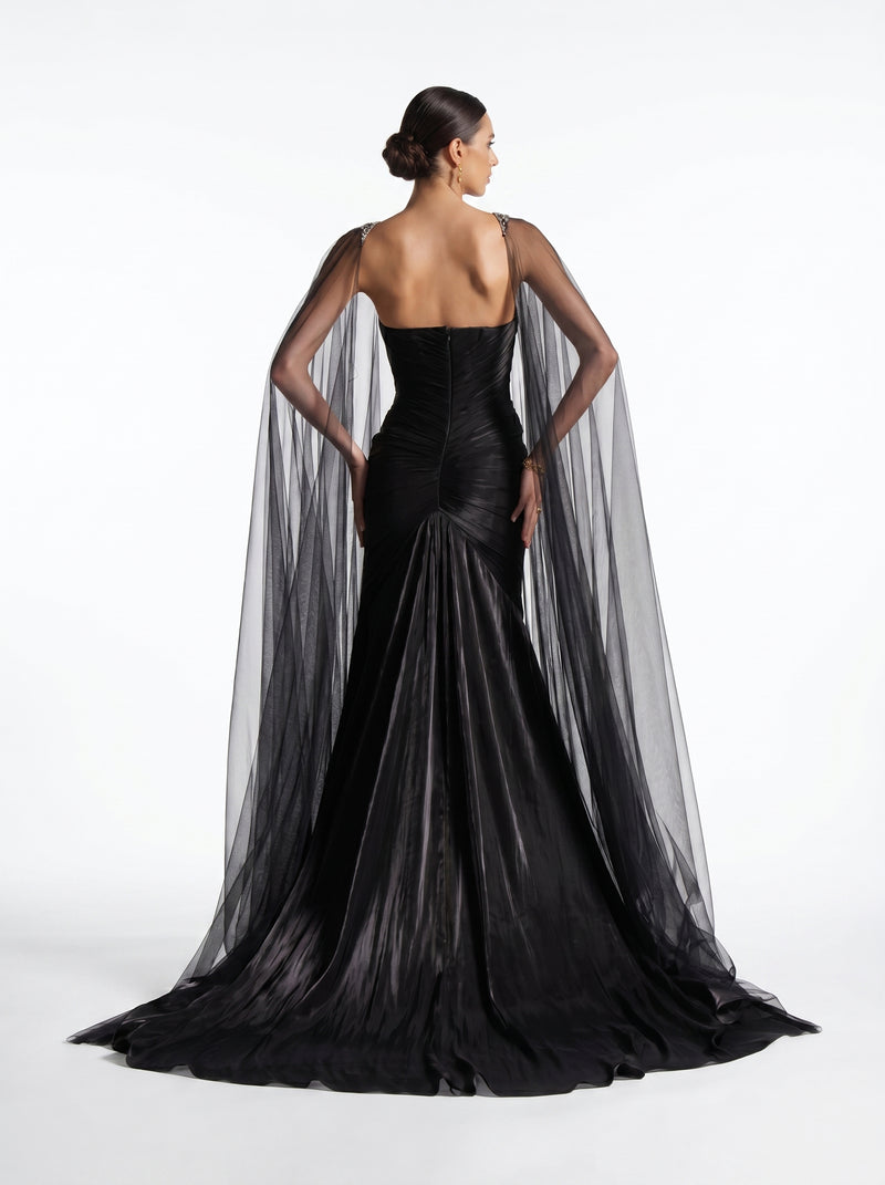 Neriah Black Sweetheart Embellished Sheer Tulle Cape Couture Gown