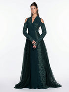 Pochette Emerald Green Crepe Lace Embellished Feather Detail Gown by MOOEi — Luxury Evening Wear Dubai
