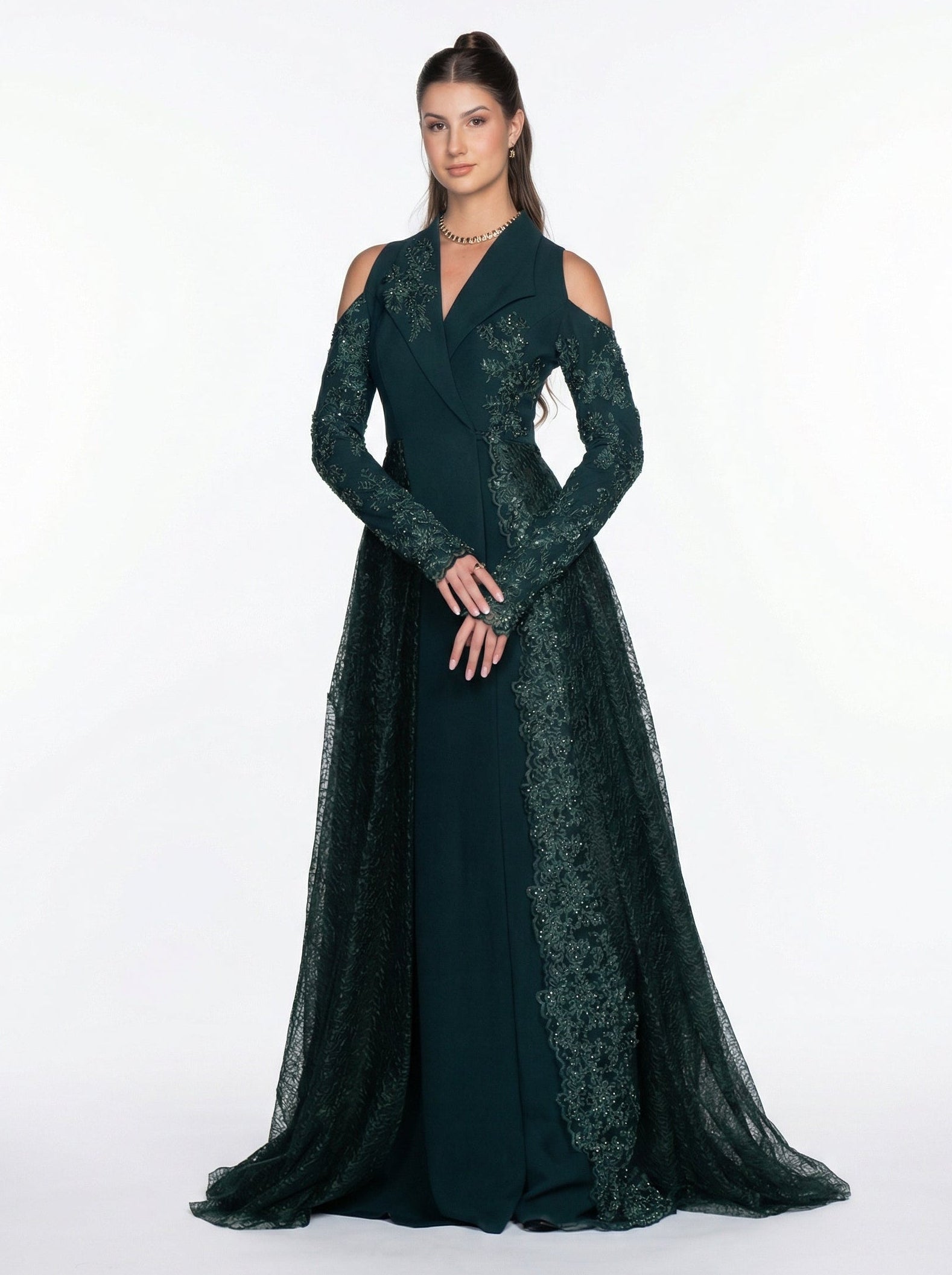 Pochette Emerald Green Crepe Lace Embellished Feather Detail Gown by MOOEi — Luxury Evening Wear Dubai
