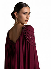 Vionna Maroon Metallic Bodice Draped Jersey Beaded Gown