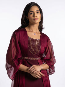 Burgaya Maroon Chiffon Pleated Beaded Gown