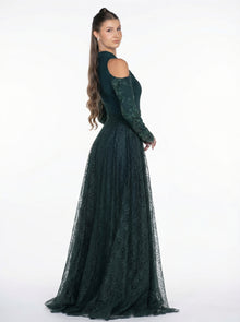 Pochette Emerald Lace Embellished Gown detail by MOOEi — Luxury Evening Wear Dubai