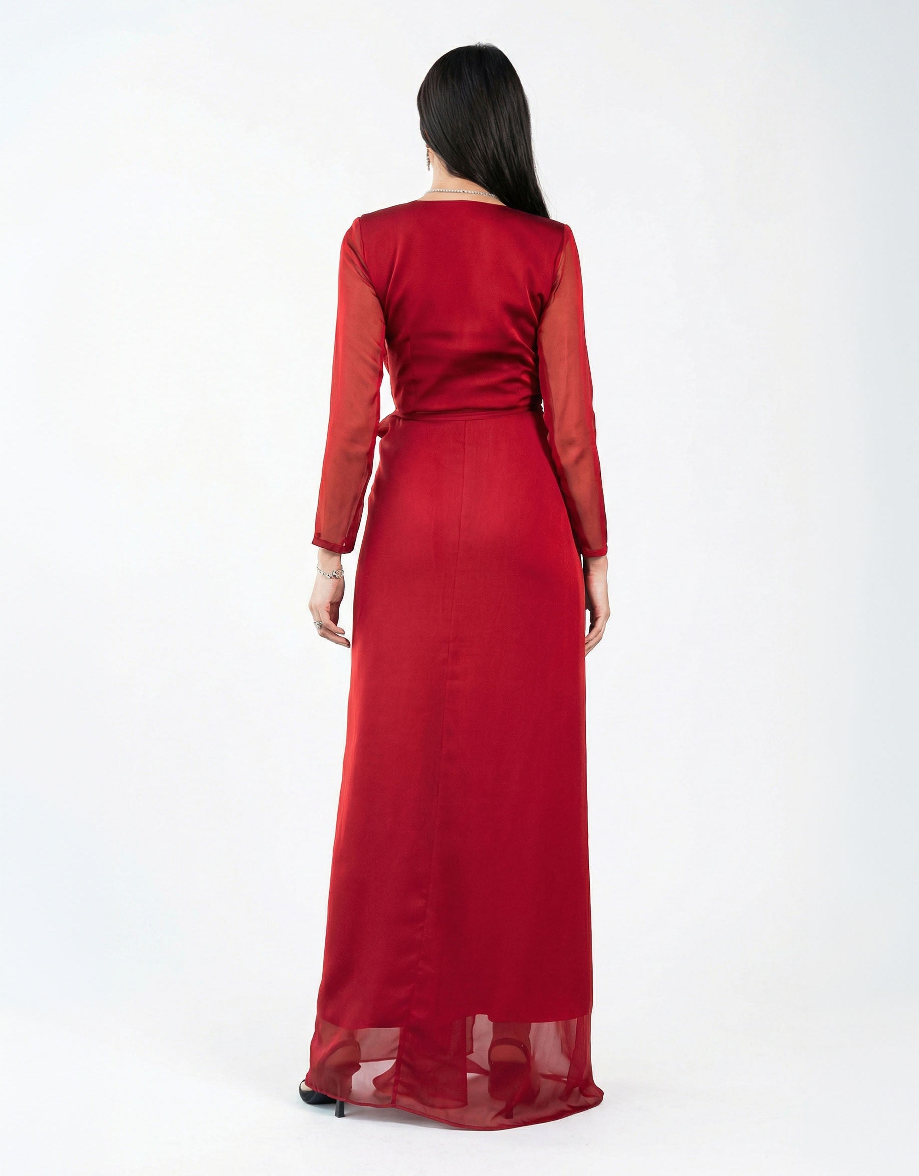 Vivica Scarlet Red Chiffon Gown side view by MOOEi — Luxury Evening Wear Dubai