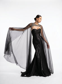 Neriah Black Sweetheart Embellished Sheer Tulle Cape Couture Gown