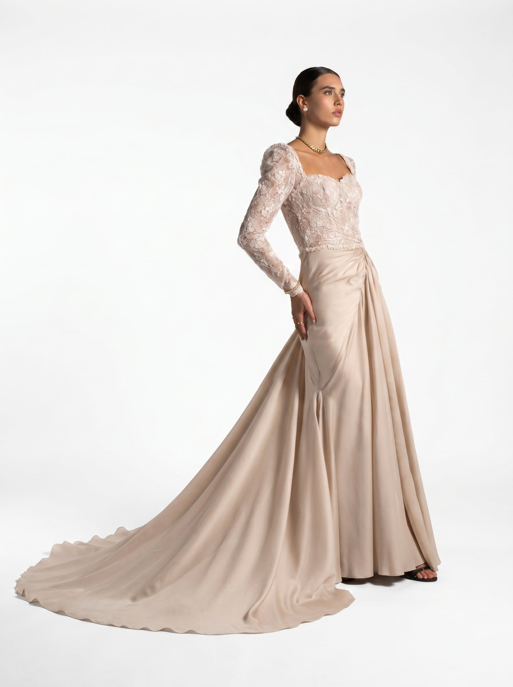 Evania Beige Lace Bodice Long Sleeve Draped Chiffon Gown