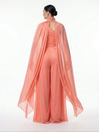 Coral Beige Chiffon Embroidered Jumpsuit side view by MOOEi — Luxury Evening Wear Dubai