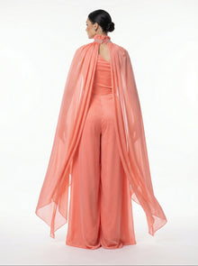 Coral Beige Chiffon Embroidered Jumpsuit side view by MOOEi — Luxury Evening Wear Dubai