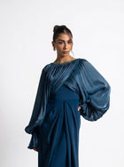 Zoe Turquoise Pleated Organza Voluminous Sleeve Crepe Gown