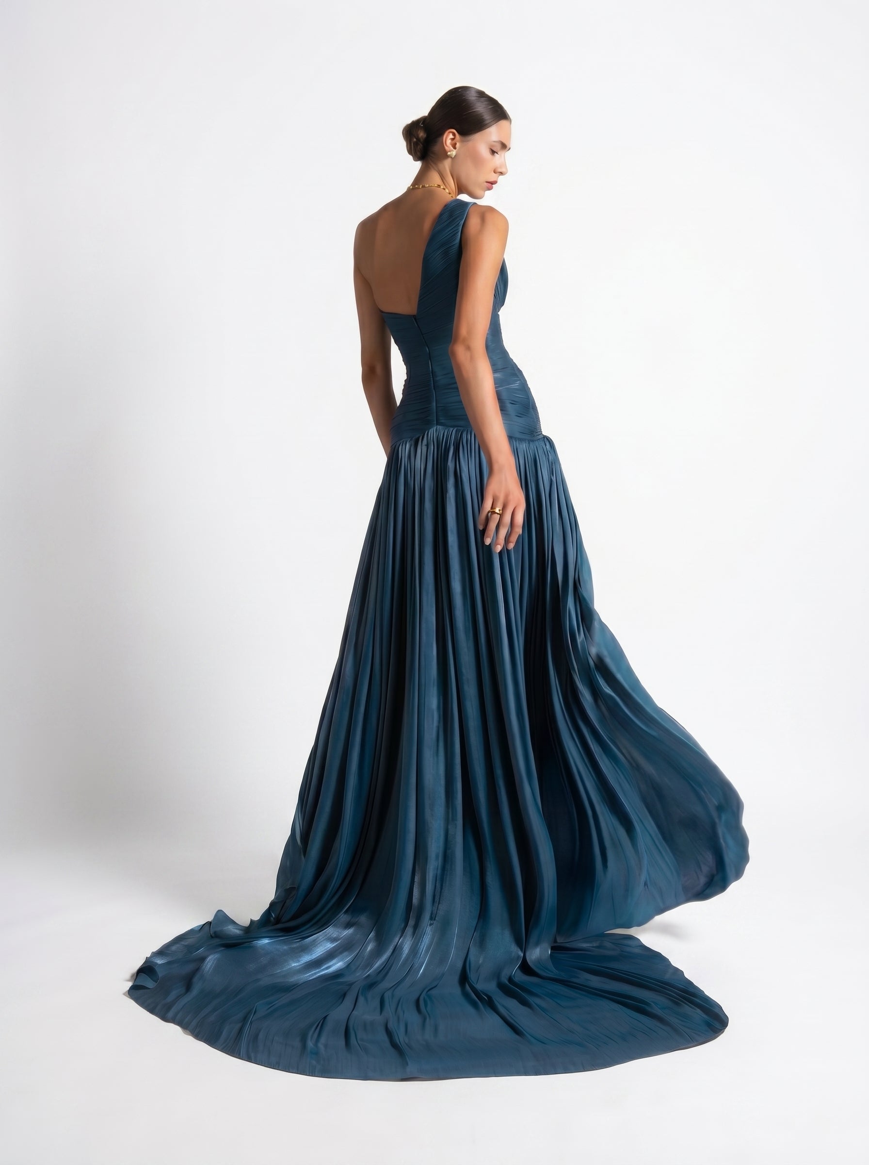 Layali Turquoise One Shoulder Ruched Embellished Couture Gown