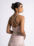 Avelisse Beige Pleated Gown fabric detail by MOOEi — Luxury Evening Wear Dubai