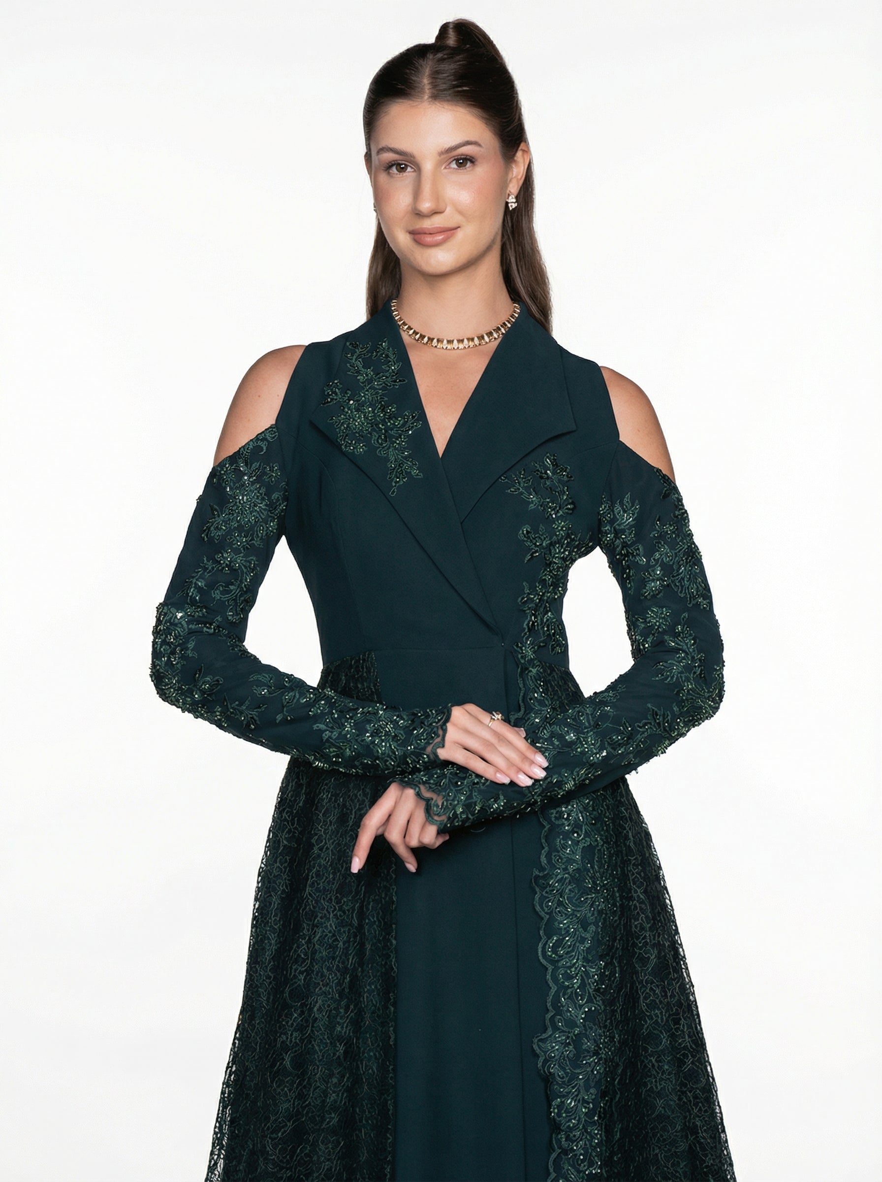 Pochette Emerald Lace Gown fabric detail by MOOEi — Luxury Evening Wear Dubai