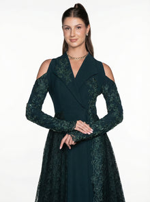 Pochette Emerald Lace Gown fabric detail by MOOEi — Luxury Evening Wear Dubai