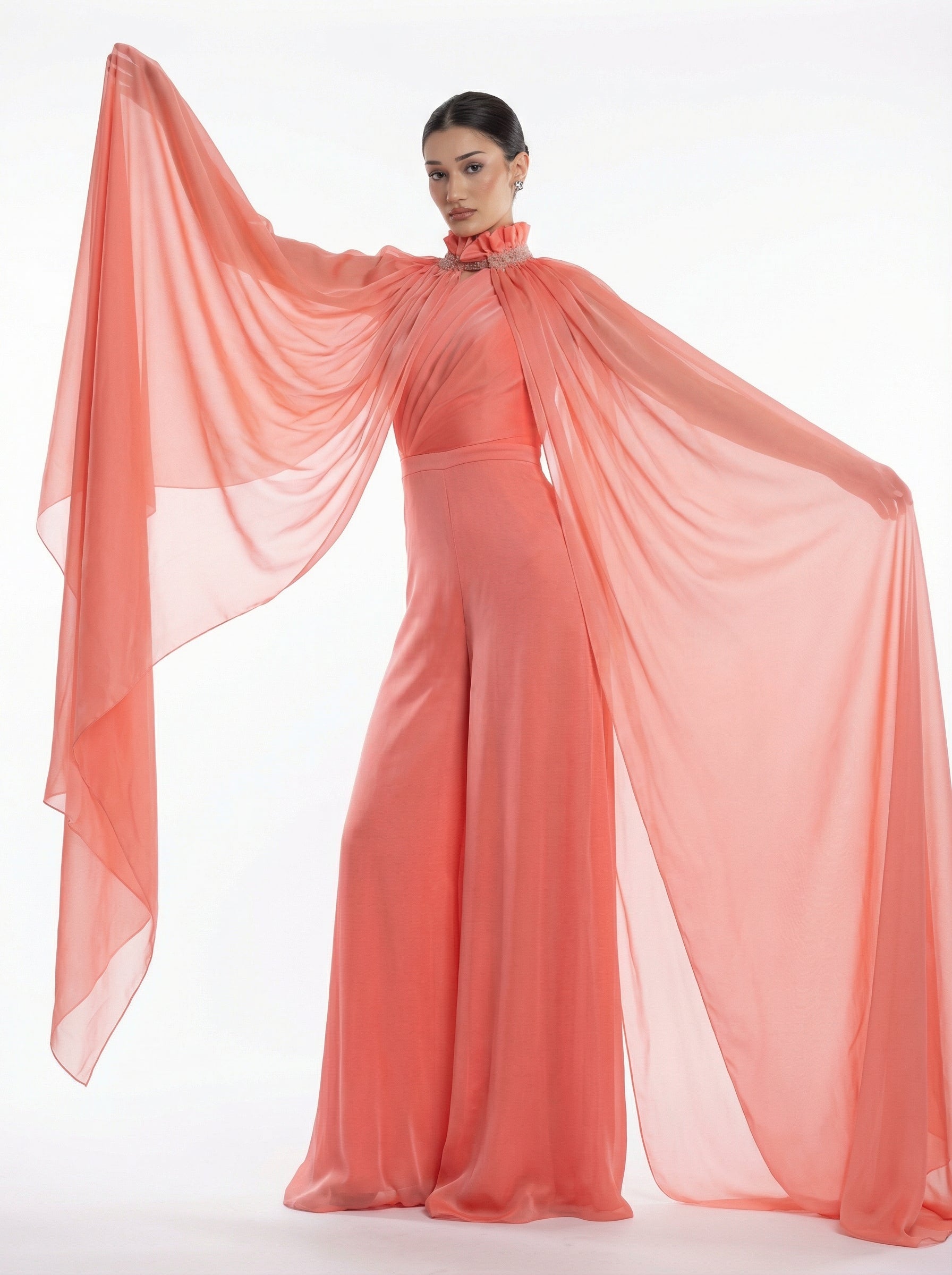 Coral Beige Jumpsuit fabric detail by MOOEi — Luxury Evening Wear Dubai