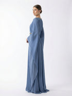 Bloom Muted Blue Cape Sleeve Gown detail by MOOEi — Luxury Evening Wear Dubai