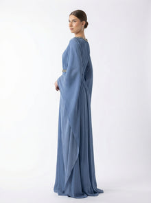 Bloom Muted Blue Cape Sleeve Gown detail by MOOEi — Luxury Evening Wear Dubai