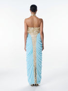 Lindy Gold Blue Sequin Halter Column Gown