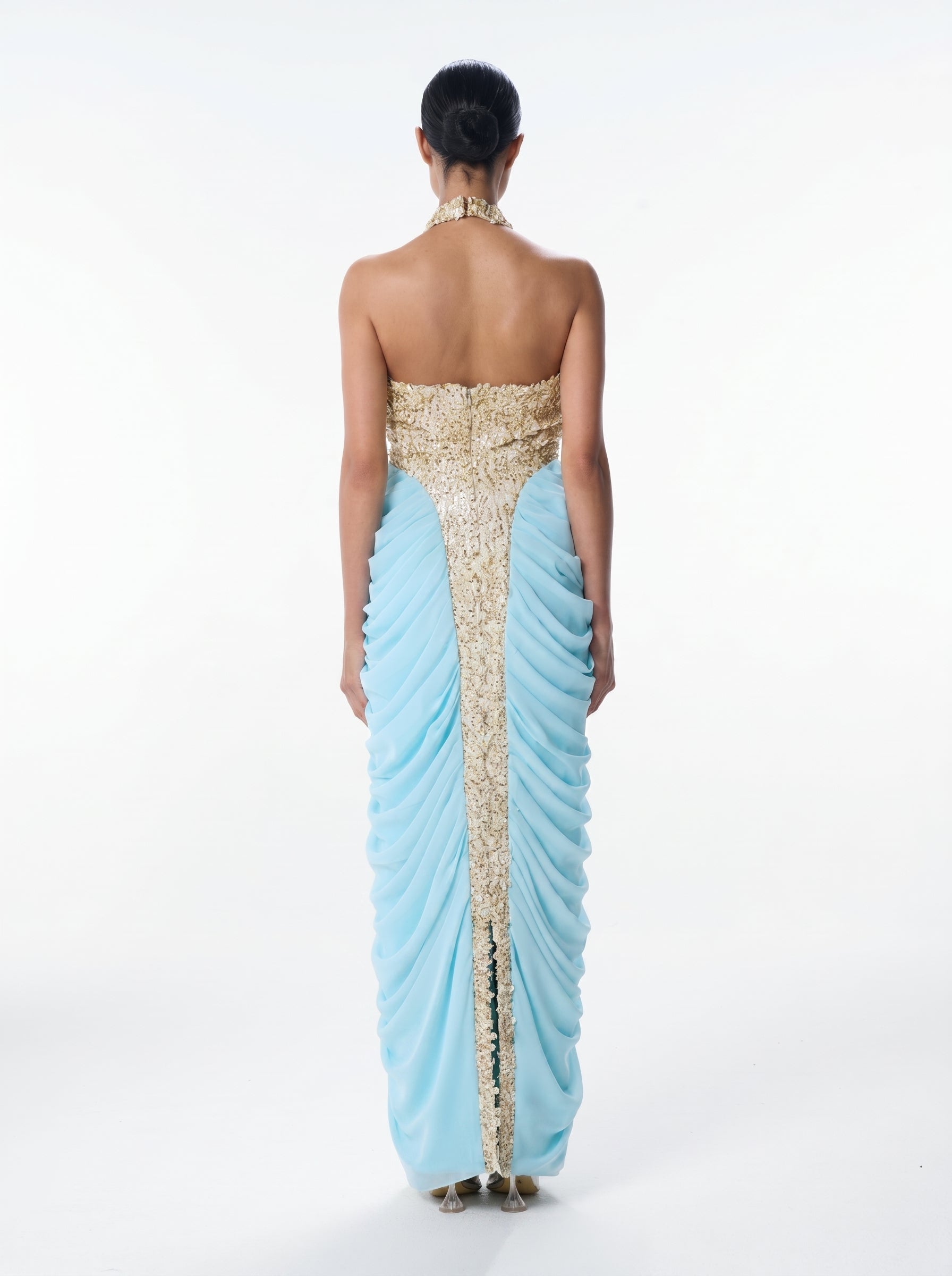 Lindy Gold Blue Sequin Halter Column Gown
