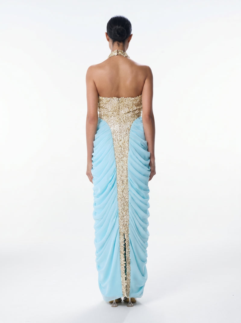 Lindy Gold Blue Sequin Halter Column Gown
