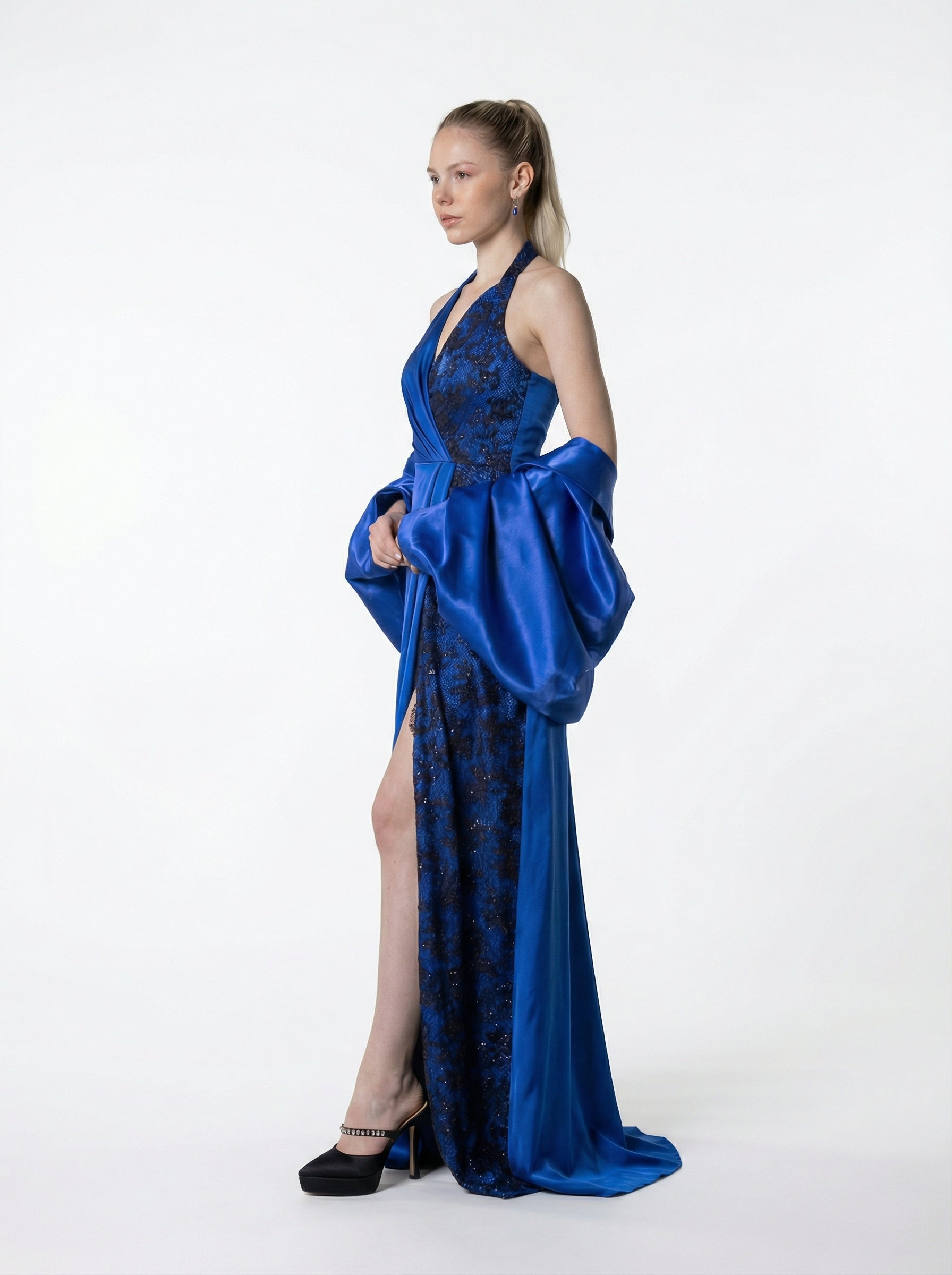 Midnight Royal Blue Two Piece Gown detail by MOOEi — Luxury Evening Wear Dubai