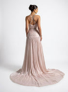 Avelisse Beige Pleated Halter Couture Gown side view by MOOEi — Luxury Evening Wear Dubai