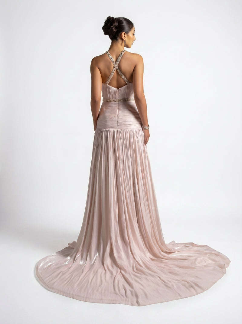 Avelisse Beige Pleated Halter Couture Gown side view by MOOEi — Luxury Evening Wear Dubai
