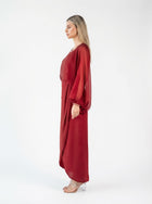 Fiora Monza Red Pleated Chiffon Gown back by MOOEi — Luxury Evening Wear Dubai
