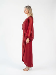 Fiora Monza Red Pleated Chiffon Gown back by MOOEi — Luxury Evening Wear Dubai