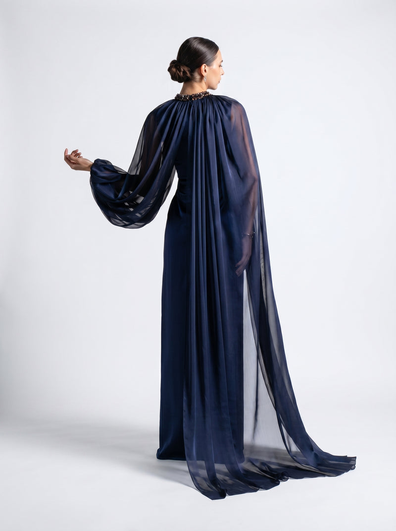 Daryan Royal Blue Satin Chiffon Cape Gown