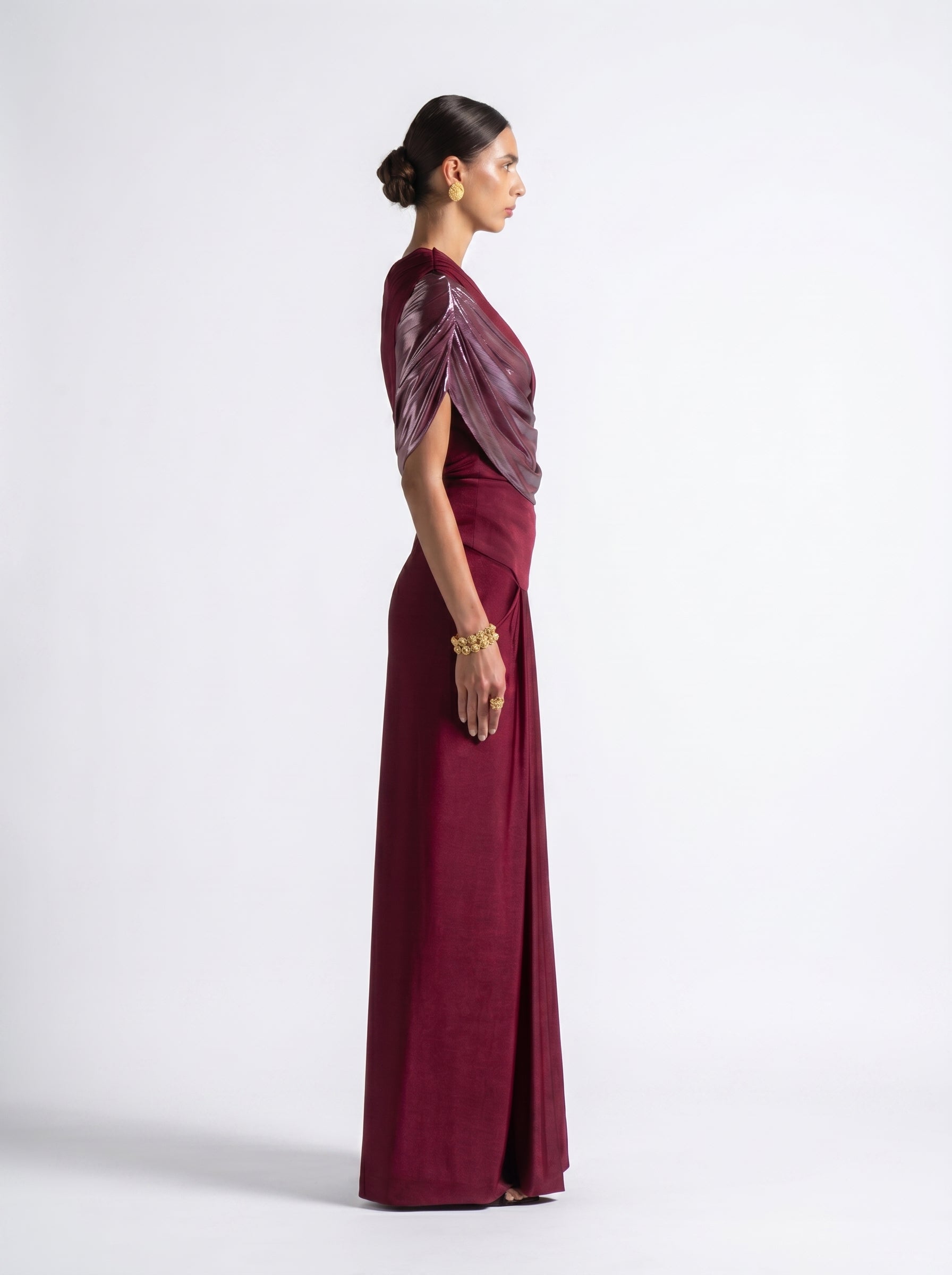 Diana Maroon Asymmetric Draped Metallic Detail Gown