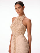 Lindy Beige Sequin Halter Column Gown