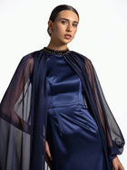 Daryan Royal Blue Satin Chiffon Cape Gown