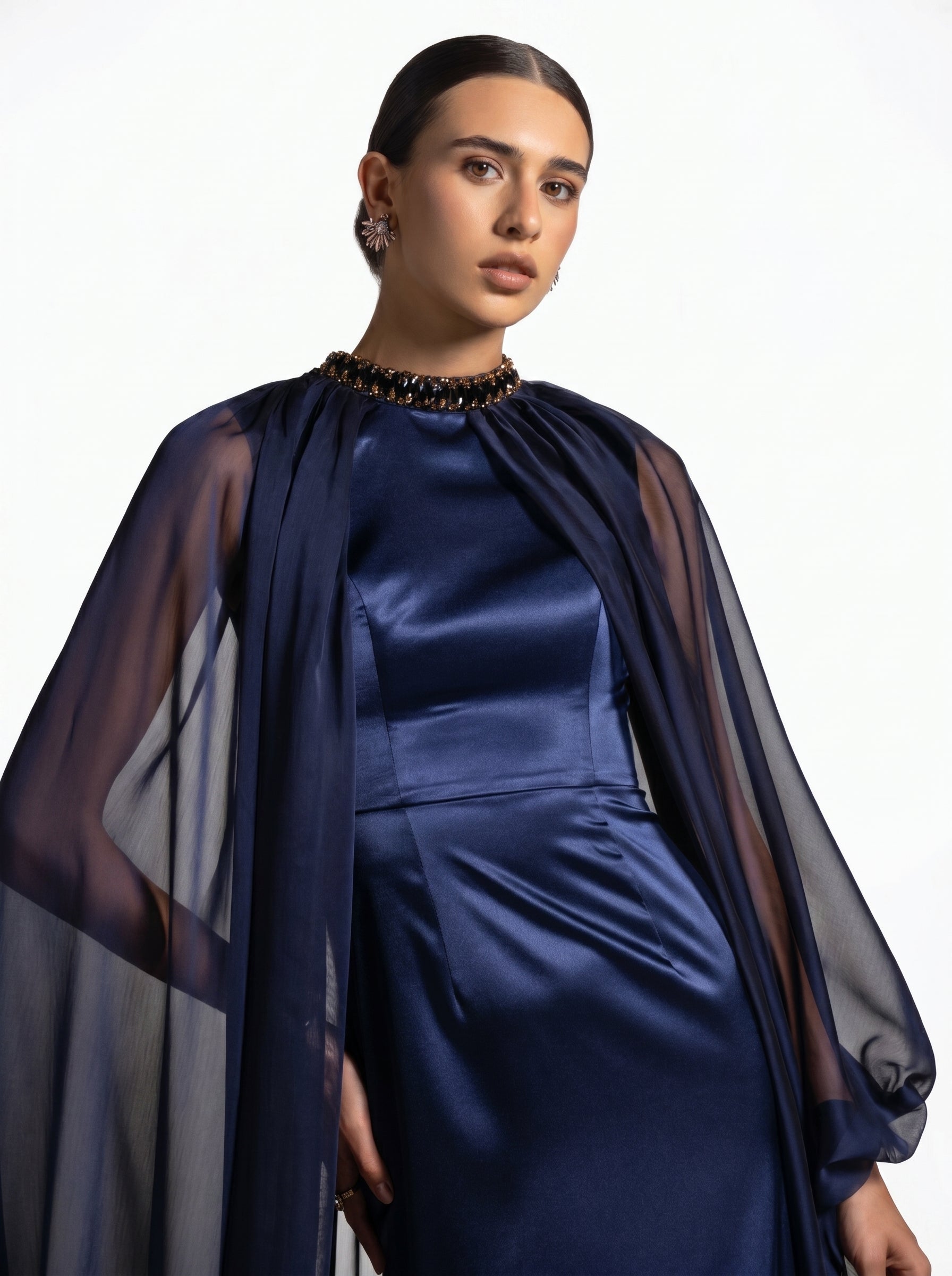 Daryan Royal Blue Satin Chiffon Cape Gown